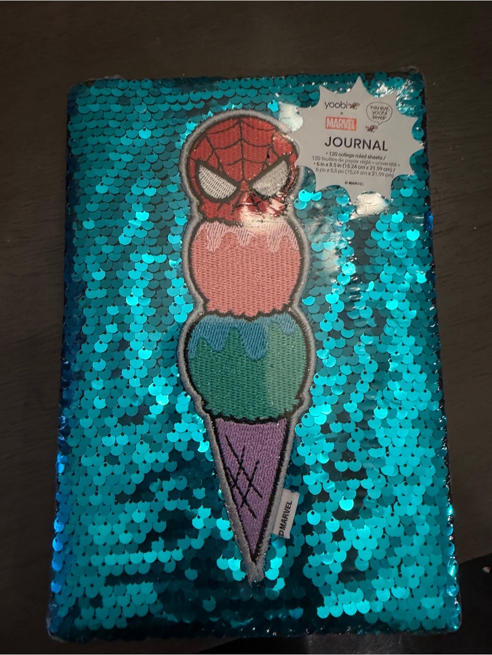 Marvel Sequin Journal - Teal with Multicolor Ice Cream Spidey Patch